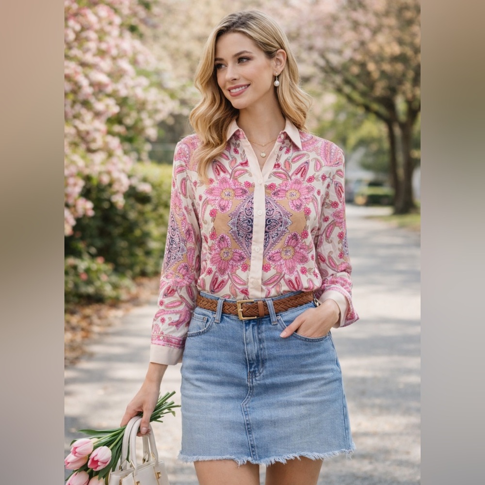 Maison d’Amélie Paris Pink Paisley Floral Button-Down Shirt Small